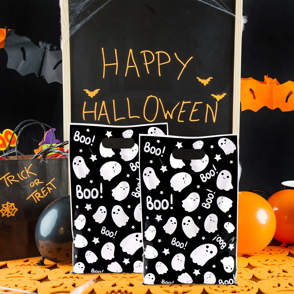 10/20/50 Stück schwarze Halloween-Geschenktüten, Geister-Geschenktüten aus Kunststoff, Keksverpackungsbeutel, Halloween-Party-Dekoration, Süßes oder Saures Zubehör – Detail 6
