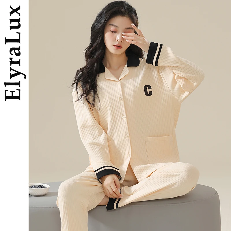 

ElyraLux Autumn Winter Women Long Sleeves Pajamas Cute Letter Print Soft Sleepwear New Simple Loose Home Clothe Set Actual Photo