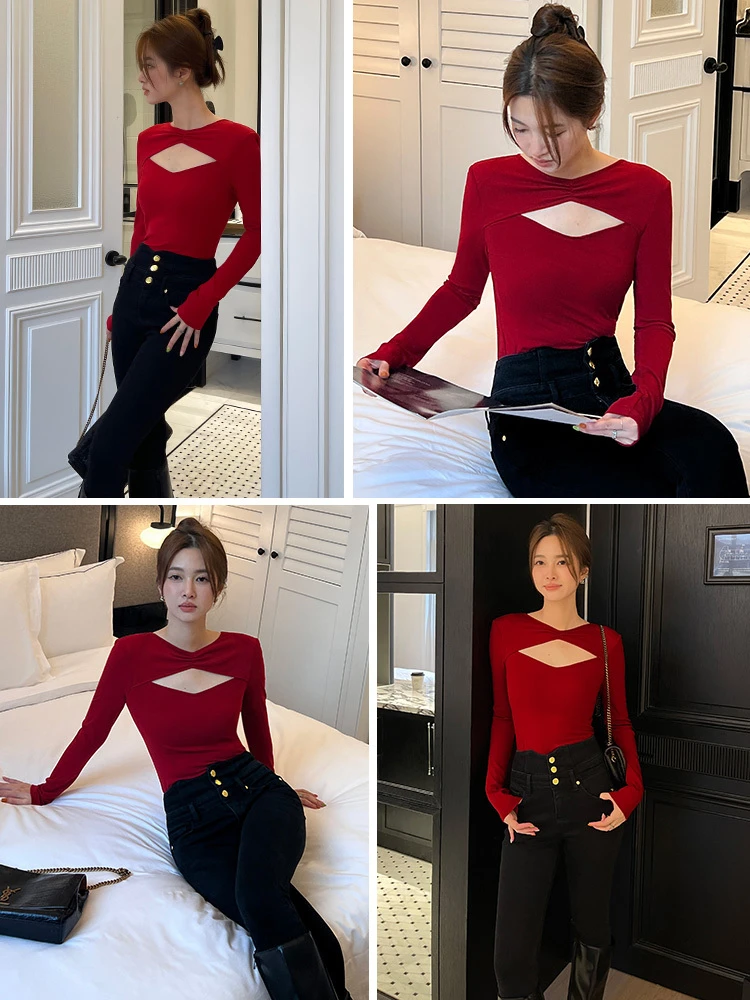 

Dplay Red Hollow out Elastic Slim Fit Base irt V-ne Long Sve Женская футболка 0 Prure Mask Small Top Base irt