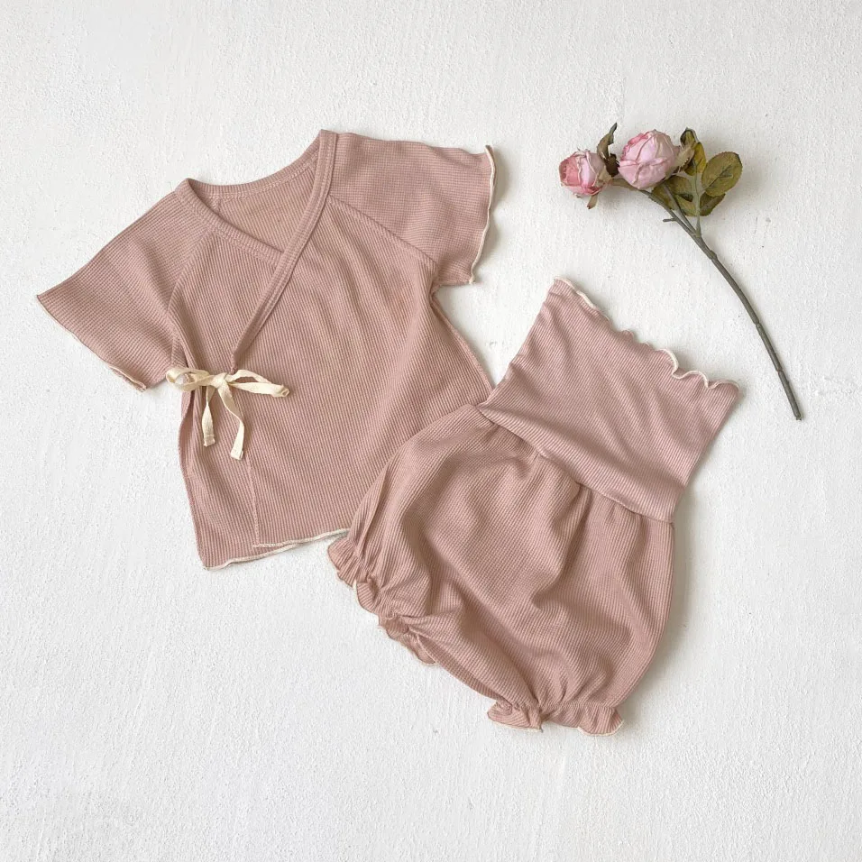 0-24M Newborn Kid Baby Boy Girl Clothes Set Short Sleeve Top Stretch High Waist Shorts PJ Set Two Piece Pajamas Set Outfit