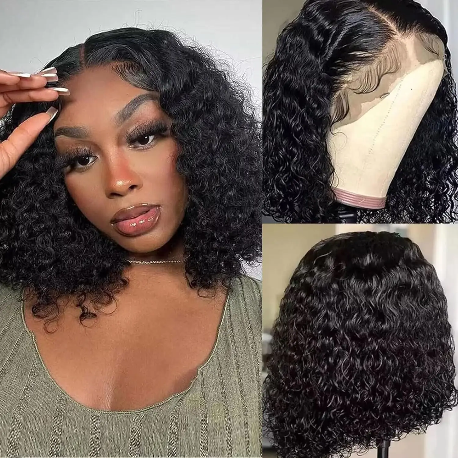 

12inch 150% density black color 13x4 frontal lace water wave short curly human hair wig daily party cosplay use remy hair