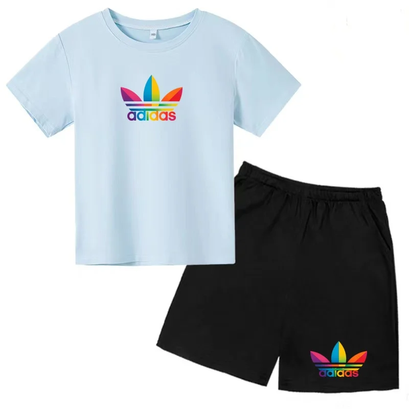 Sommer-T-Shirts für Kinder im Alter von 3-12 Jahren, Sportbekleidung für Jungen und Mädchen, Kurzarm + kurze Hosen. Marken-Set – Detail 5