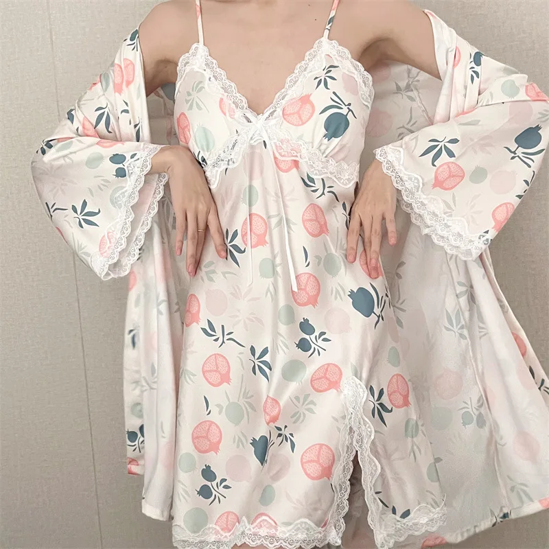 

Two-Piece Bathrobe Suit Sexy Lace Wedding Robe Nightgown Summer New Female Kimono Dressing Gown Set Lady Sleepwear Nightdress