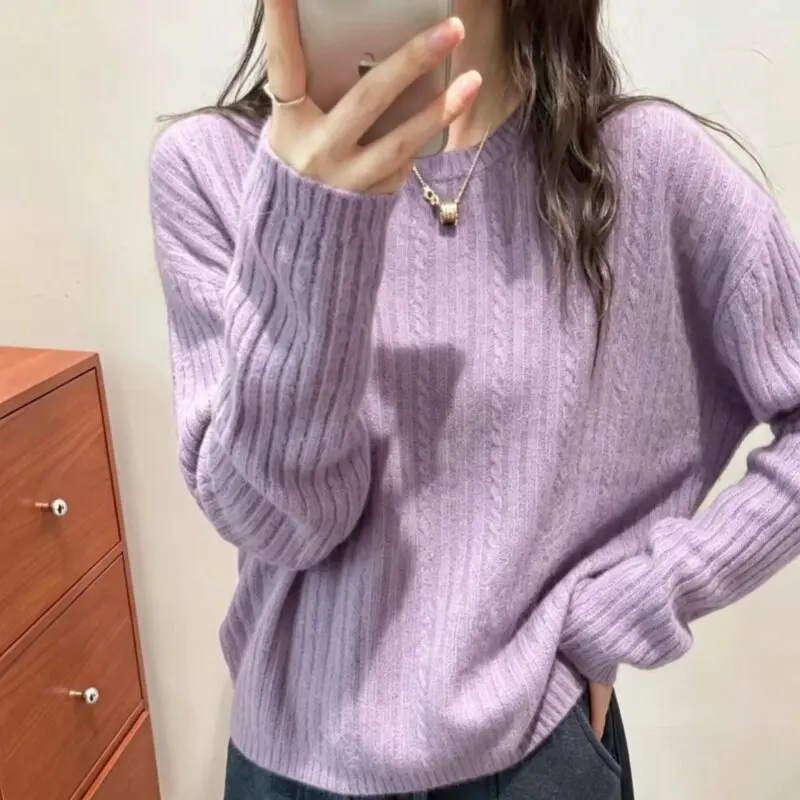Larongshan cashmere sweater round neck off shoulder twist napping sweater women's sweater loose long sleeves