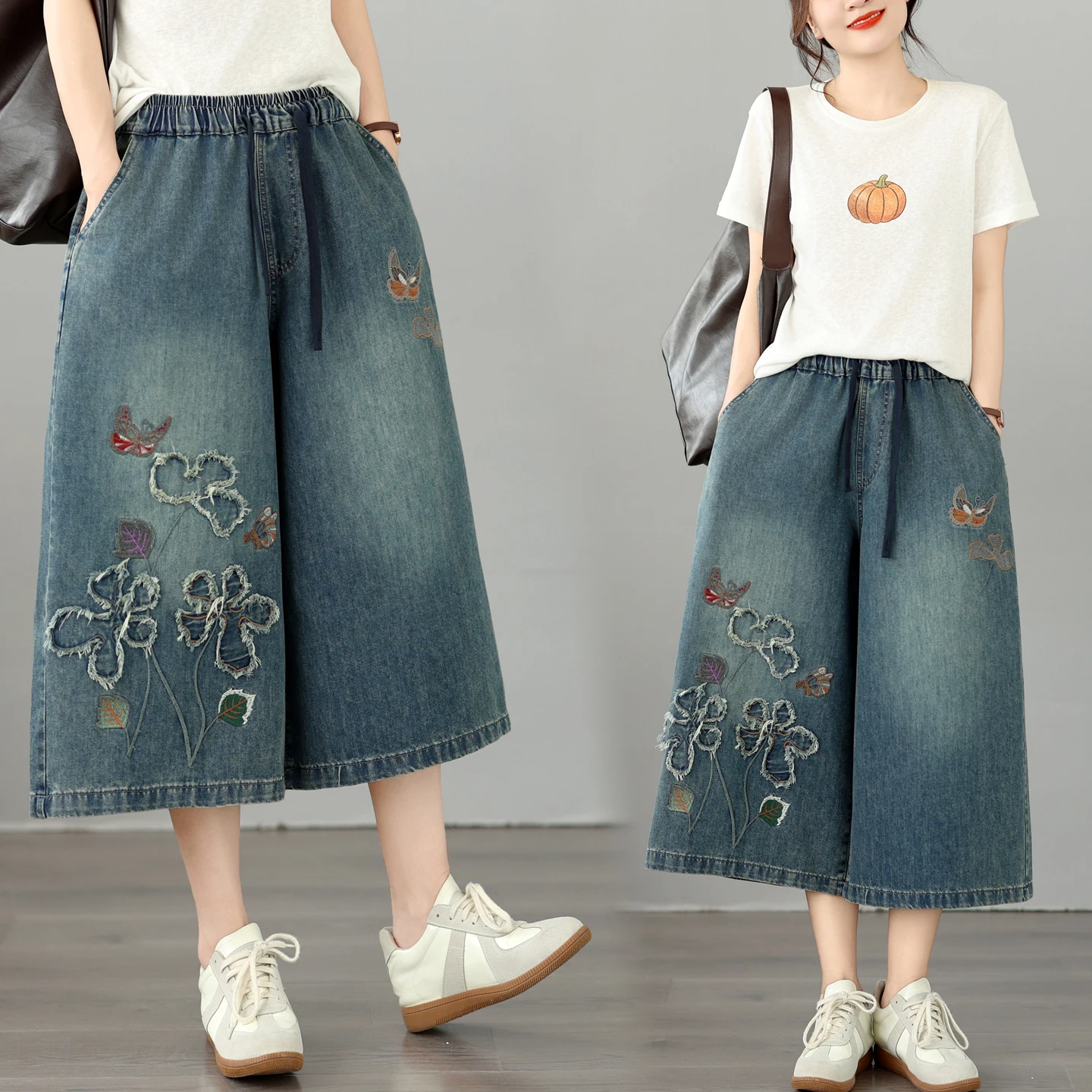 

Embroidered Loose Straight Leg Jeans Women's plus Size Summer New Casual Pants High Waist Artistic Style Comfortable Fit