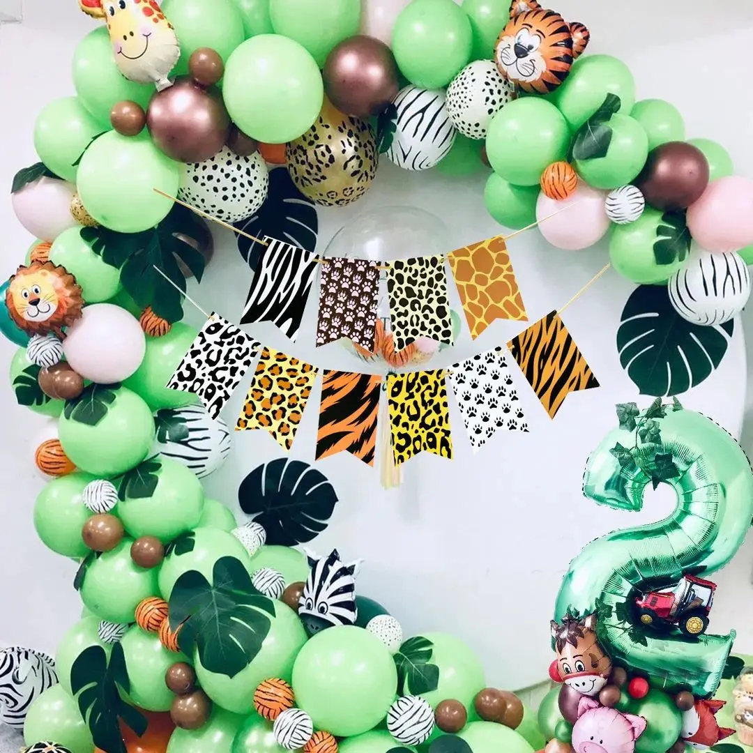 23/57pcs Jungle Safari Animal Number Balloons Set Kids 1 2 3 Years Birthday Party Decorations Wild One Green Latex Helium Globos view 4