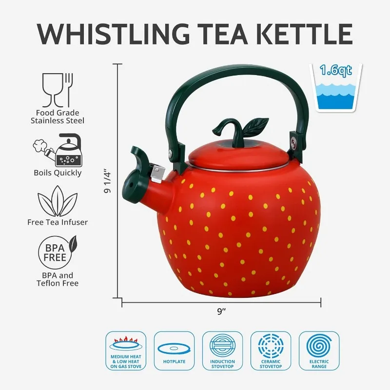 Tea Kettle for Stove Top Enamel on Steel Teakettle, Housewares Strawberry Design Teapot Water Kettle Cute Kitc