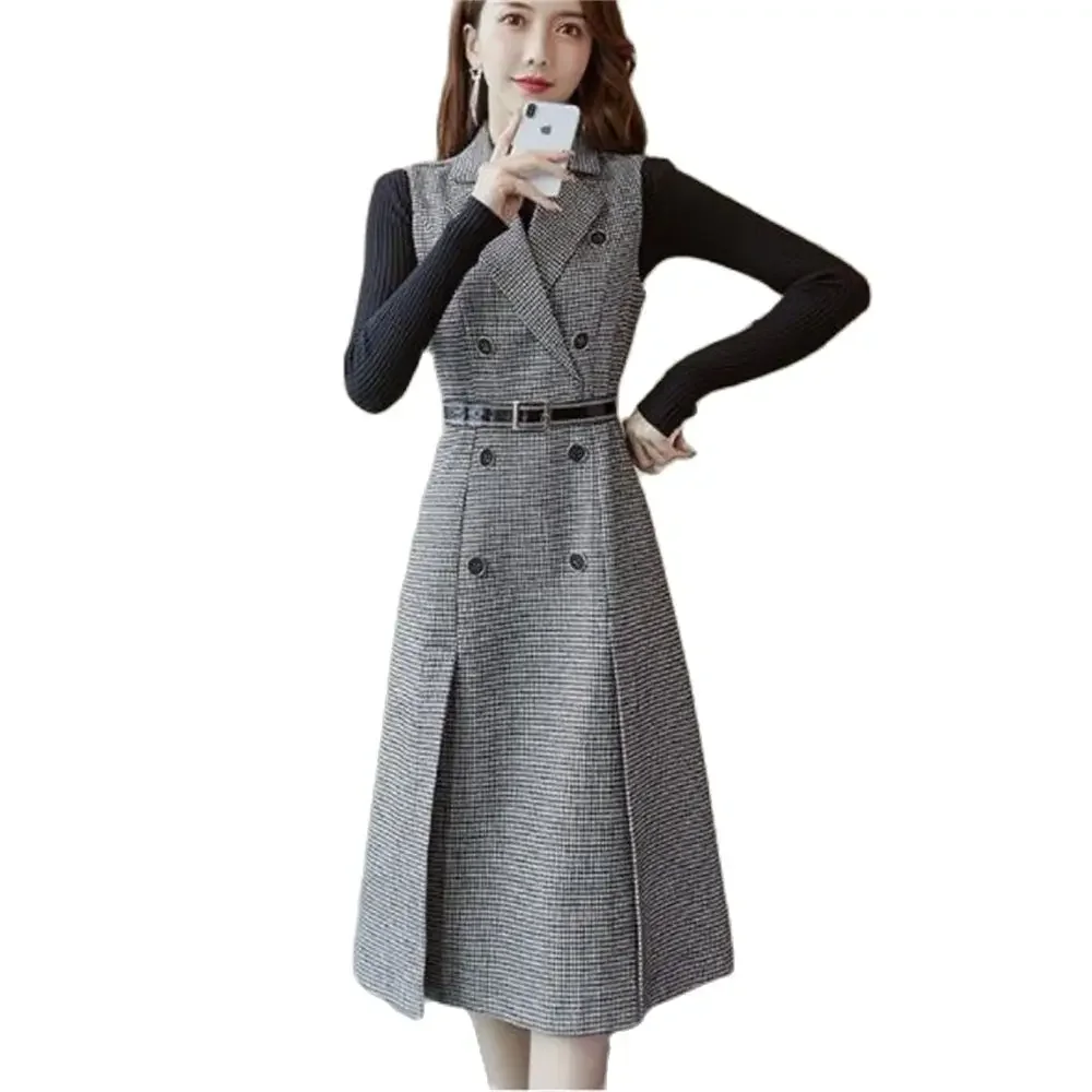 

Pop Double-Breasted Split Ol Tweed Plaid Midi Dress With Belted Robe Slim Gown Autumn Dresses Houndstooth Sleeveless Notched Col