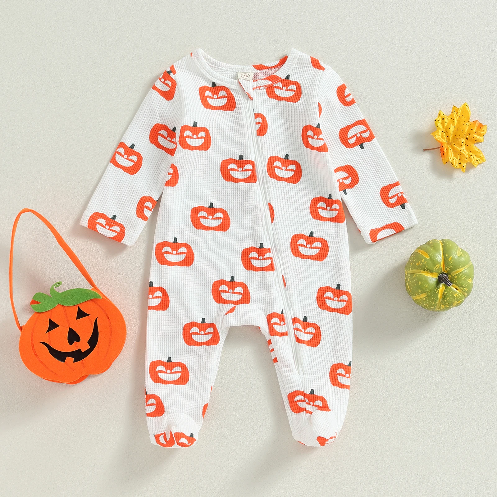 

Baby Boy Girl Halloween Costume Pumpkin Footed Romper Jumpsuit Long Sleeve Waffle Knit Footie Infant Outfit