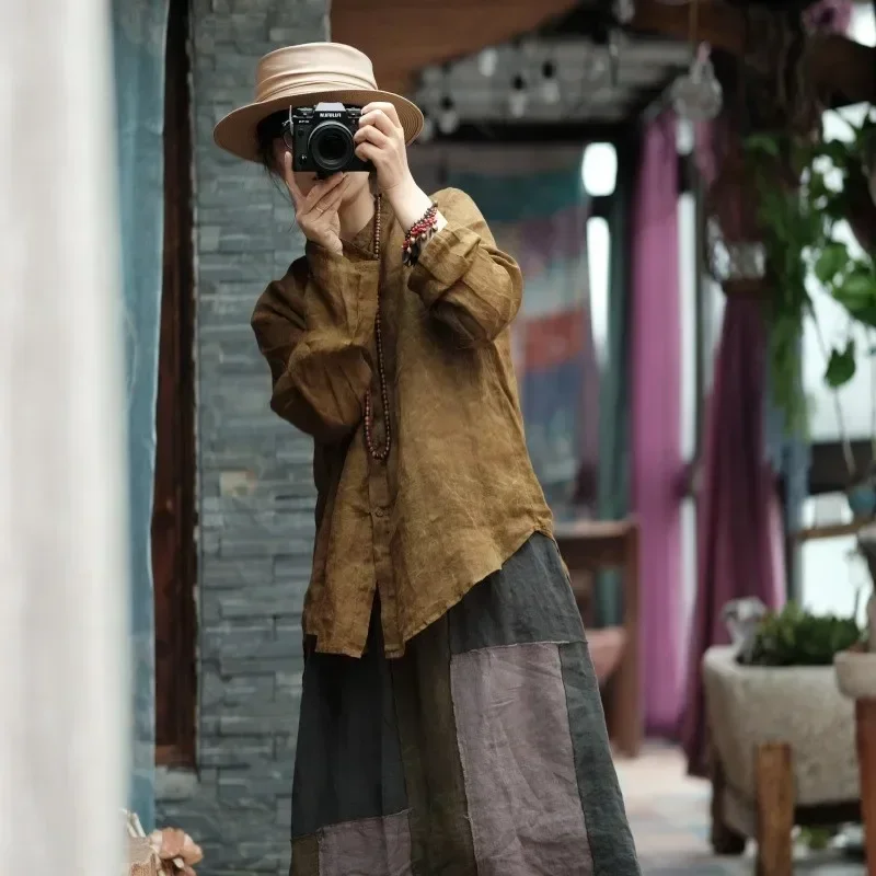 2024 Spring And Summer Woman New  Vintage Loose Linen Shirt Single Breasted O-Neck Solid Color Long Sleeve Shirt