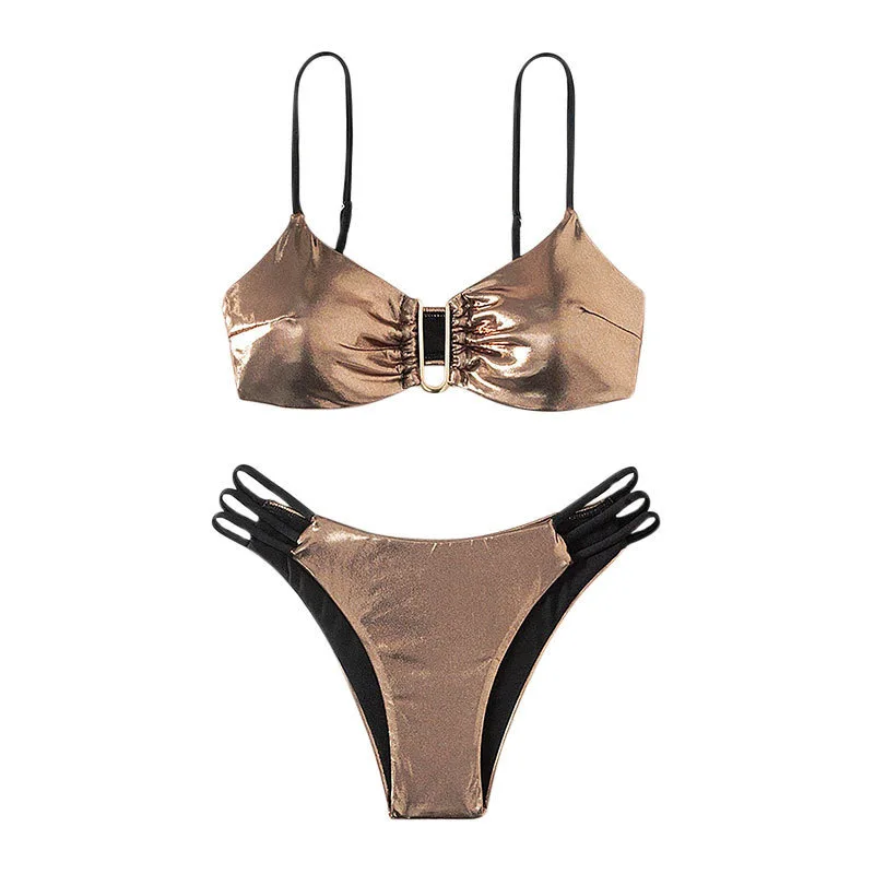 Maillot de bain deux pièces pour femmes, sexy, couleur solide, culotte taille haute, sous-vêtements de plage