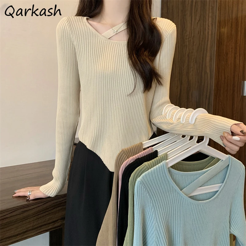 

Pullovers Women Long Sleeve Knitted Sweaters Office Ladies Korean Style Streetwear Fashion Leisure Autumn New All-match Solid