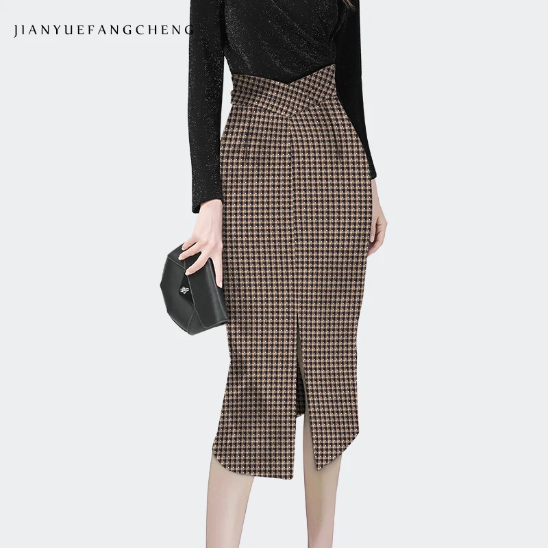 

2024 Spring New Women' Plaid Woolen Pencil Skirt Mid-length High Waist Over-knee Wrapped Skirt Slim One Step Skirts