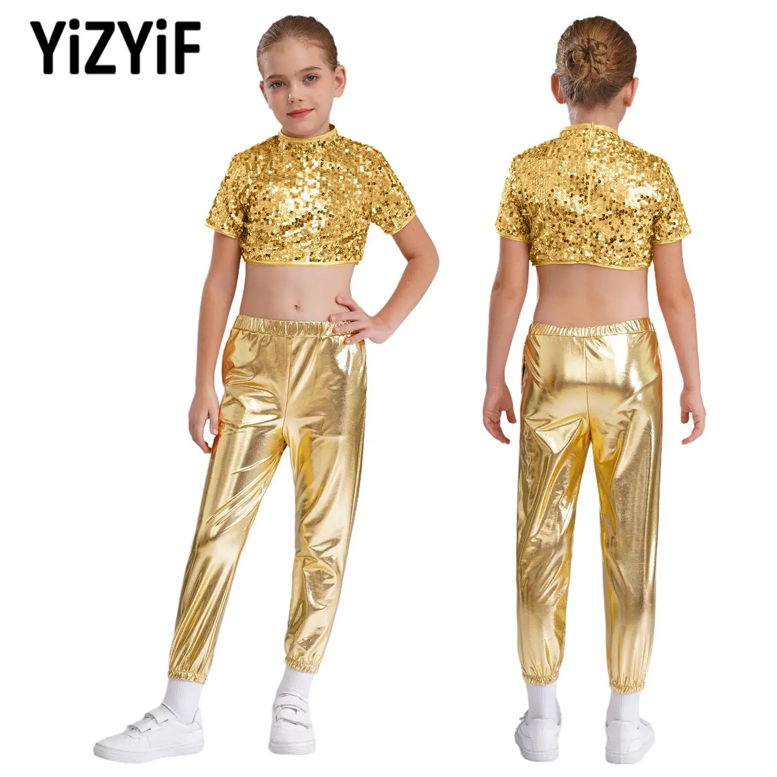 

Kids Cheerleading Jazz Dance Costume for Teen Girl Festival Performance Birthday Party Costume 2 Pcs Sequins Crop Top with Pants
