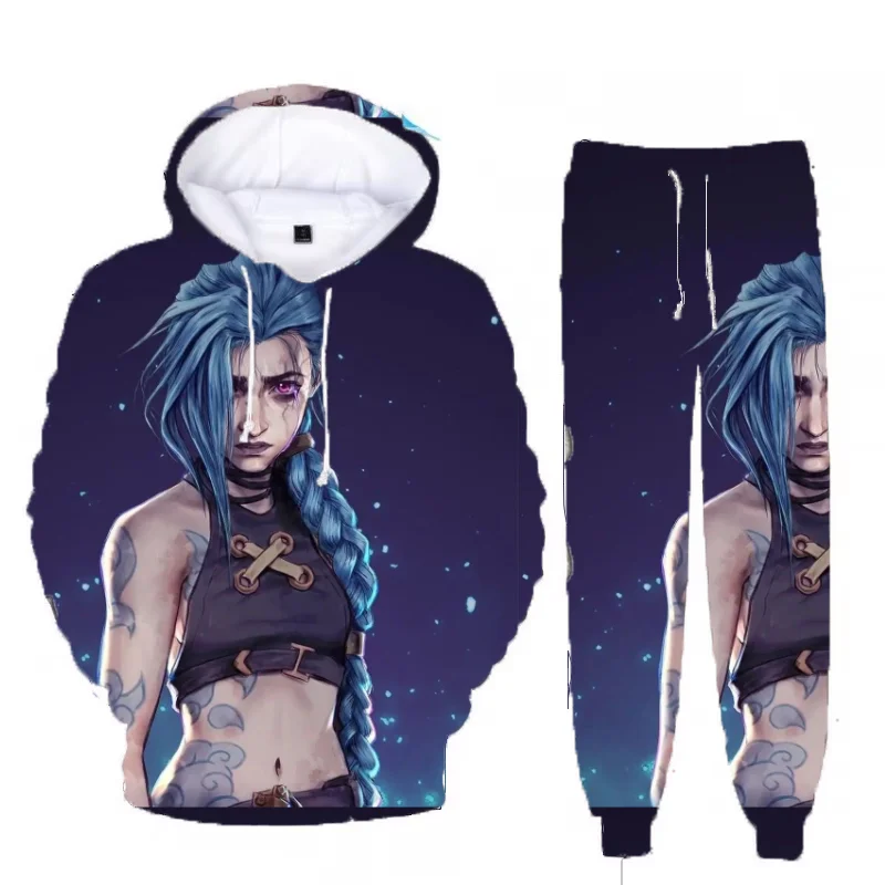 Hot Anime Arcane League Jinx Hoodies Set 3D Printing Man Woman Tracksuit Hoodie+Pants 2PCS Set Kids Pullover Cosplay Suits