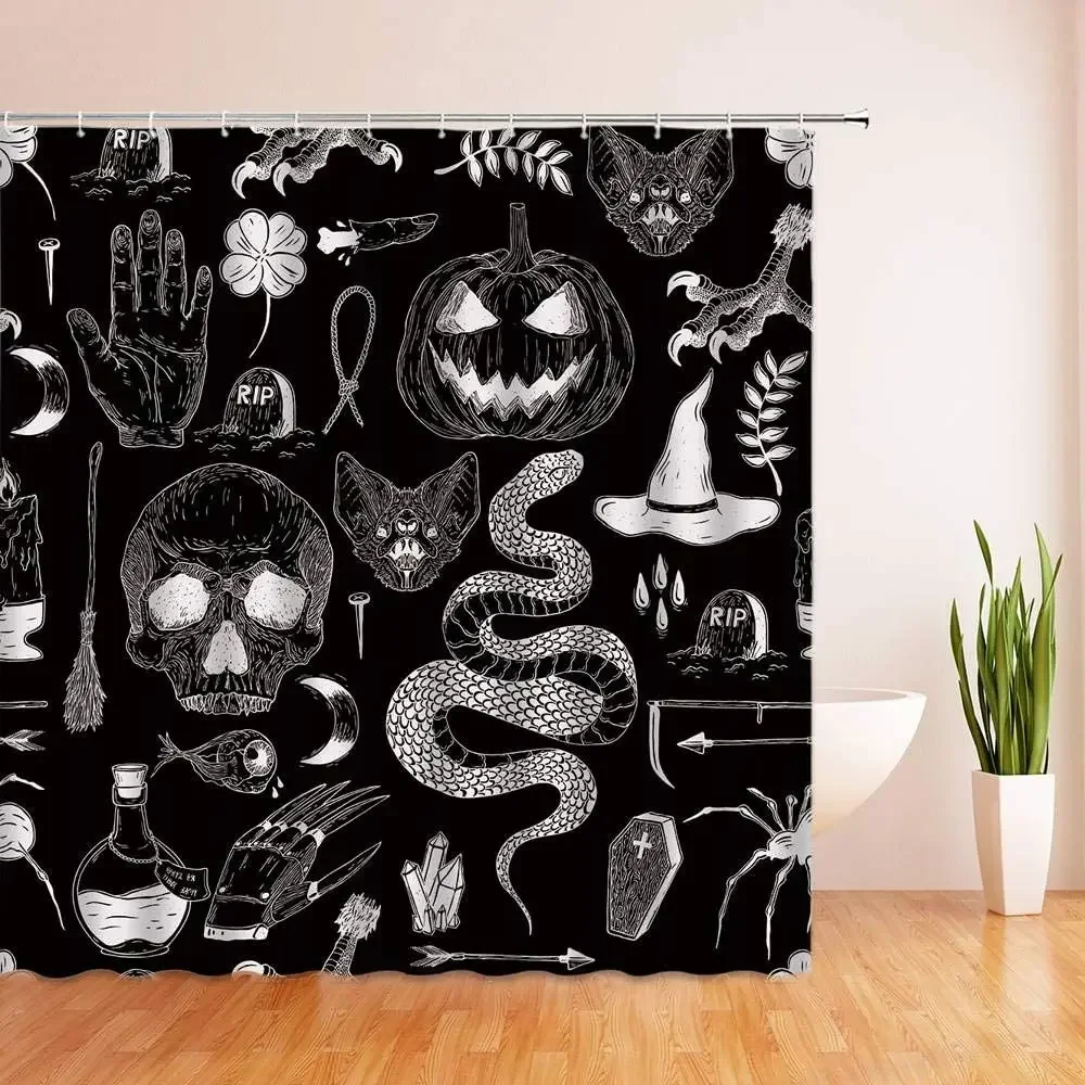 Halloween Shower Curtain By Ho Me Lili Black Alchemy Magic World Witch PumpkinHorror Skull Spooky Ghosts For Girls Boys Bathroom