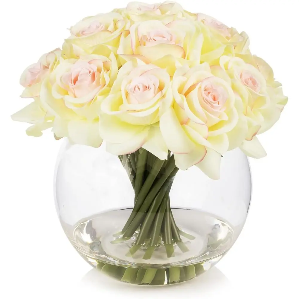 

Искусственная композиция из 16 шелковых роз в круглой вазе-чаше с имитацией воды для украшения стола (цвет шампань)