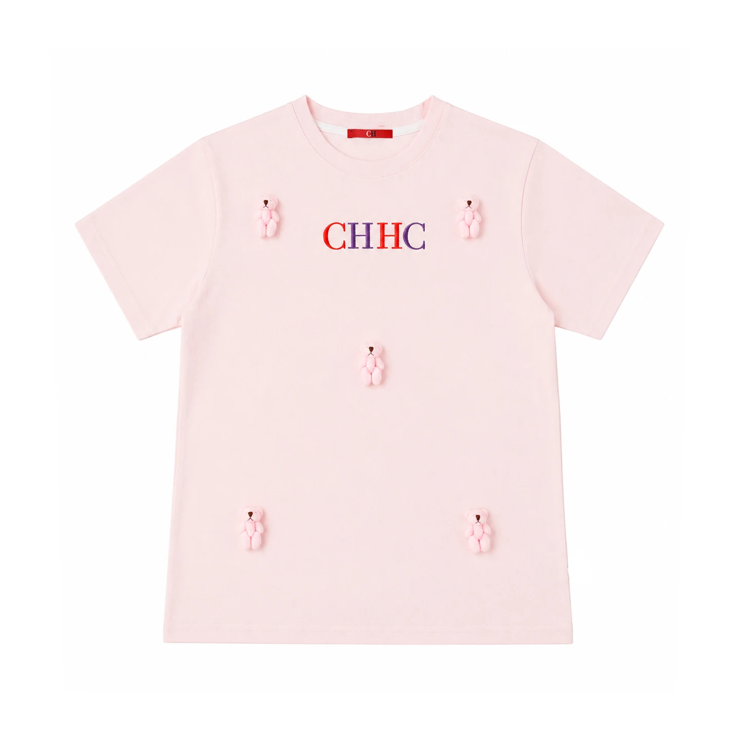 CH Girls Pink Short Sleeve T-shirt 3D Bear Doll CHHC Letter Embroidery Round Neck Casual Summer Kids Cute Daily Tops