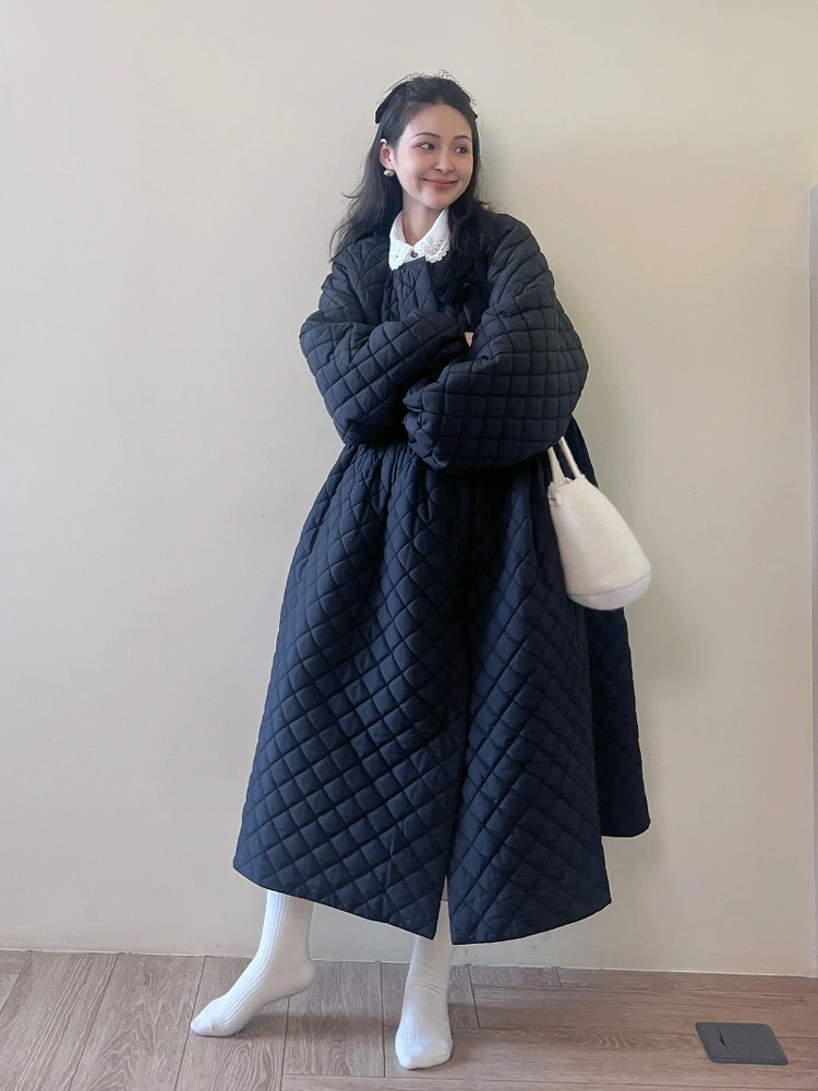 

Bla Cotton Gored Skirt Dr Fce Lined Loose Warm Materni Winter Princ Sle Long Sve round Ne A-Line Dr