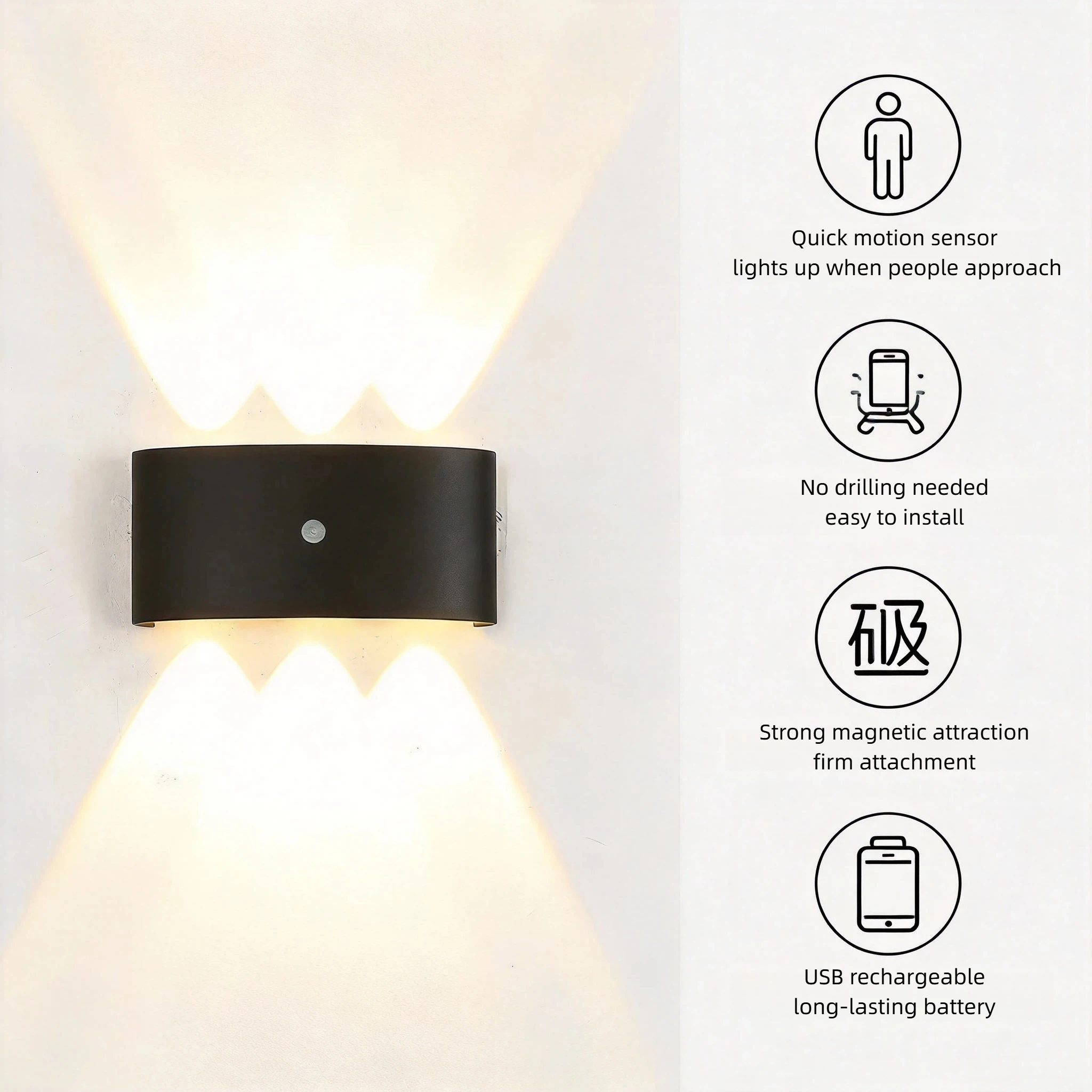 LED motion sensor wall lamp USB rechargeable magnetic diamond-free 3-color dimmable 4000mah battery human body induction night l