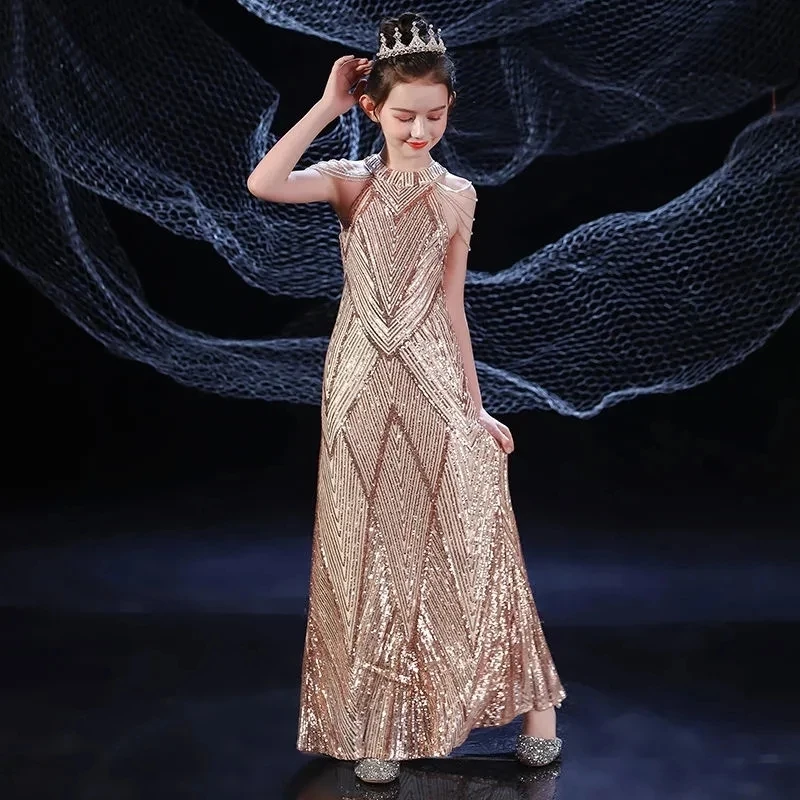 新しい子供の花嫁介添人ドレスティーンロングマーメイドページェントドレスイブニングガールズスパンコール光沢のあるボールガウン卒業パーティードレス