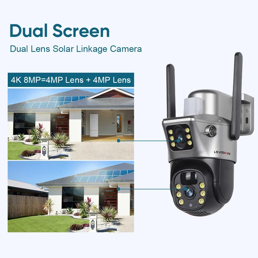 LS VISION Solar Camera, 4K, 8MP, 4G SIM Card, Dual Lens Screen, WiFi Surveillance, PTZ Battery, Color Night Vision, PIR Detect