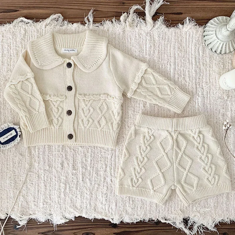 2024 New Autumn Newborn Baby Girls Clothing Set Long Sleeved Solid Color Knitted Cardigan+Shorts Toddler Baby Girl Clothes Suit