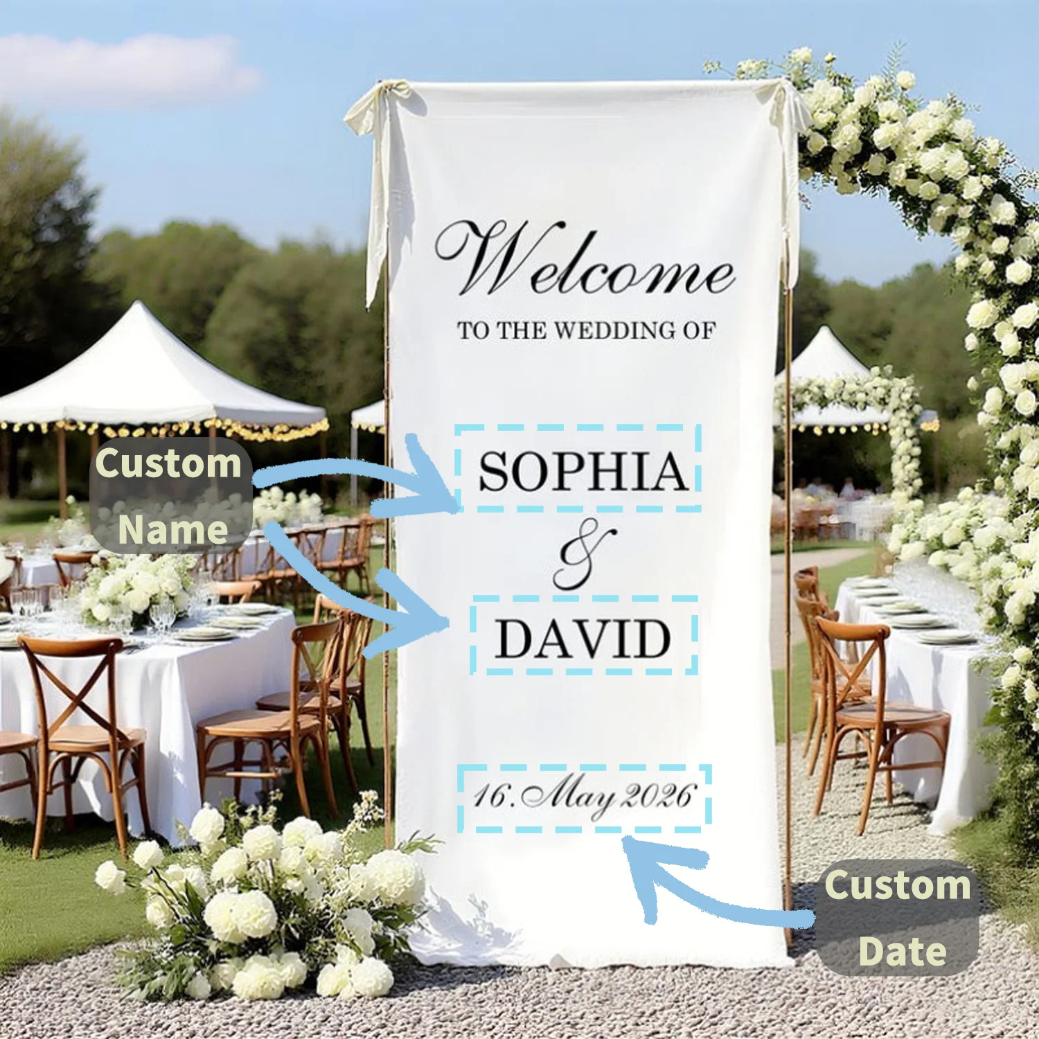 

1pc Custom 2D FLAT Wedding Sign Polyester Banner, Personalized with Your Couples' Name and Wedding Date, Modern Fashion Banner