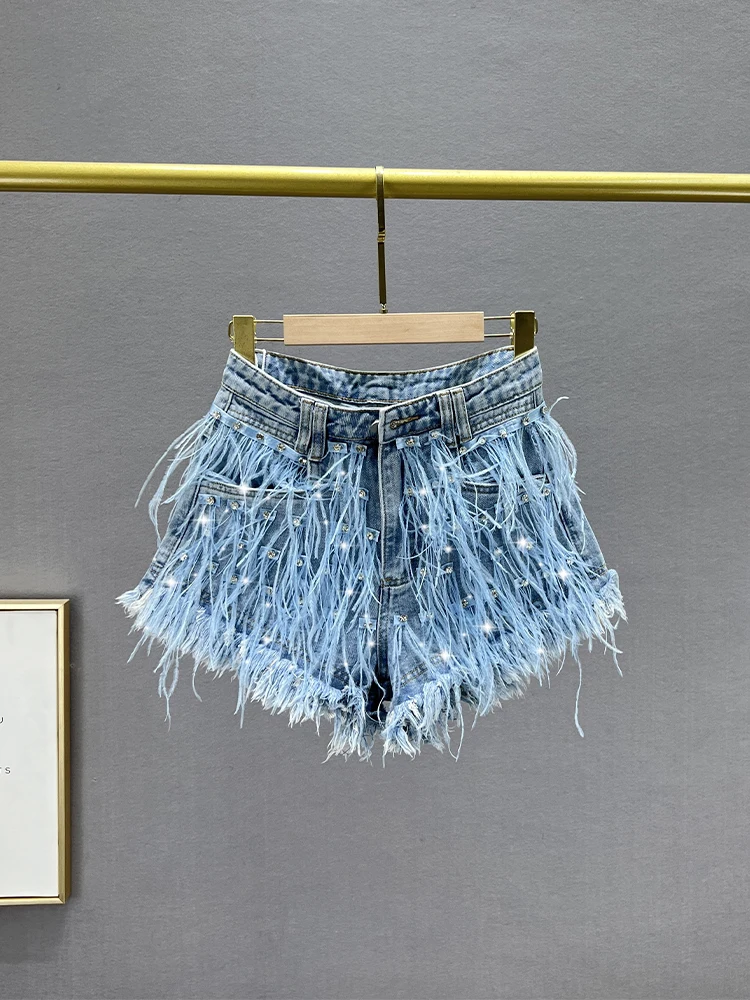 

Женские летние джинсы с высокой талией и широкими штанинами, новинка в гонконгском стиле, свободный крой, утягивающие, с тяжелой отделкой и бахромой, укороченные шорты