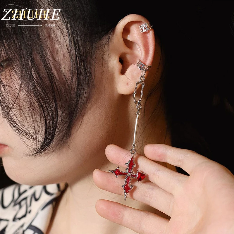 

Copper Material Gothic Cross Dangle Earrings - Jewelry Accessories for Women & Men, Red EnamelHeart Decor Long Drop Ornament, Tr