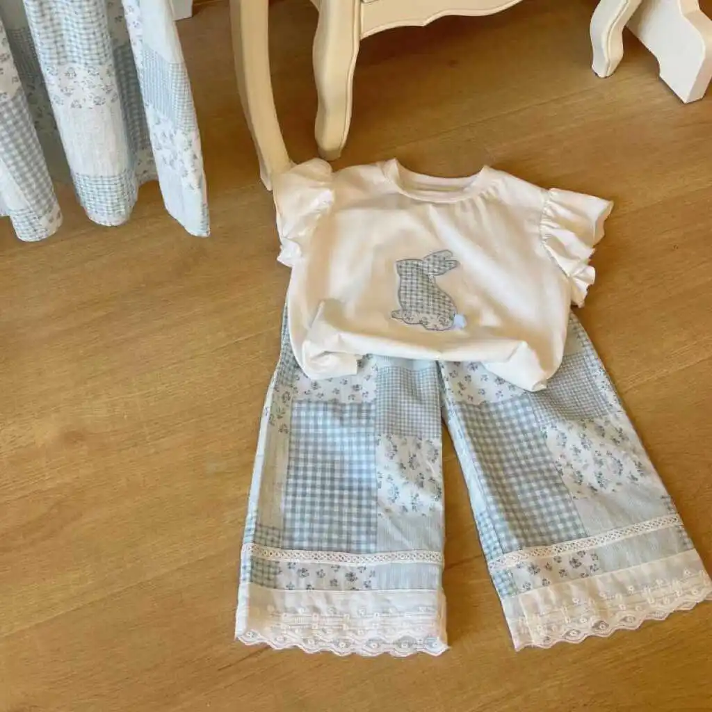 

Baby Girls Summer Pants Set Flying Sleeve Rabbit Pattern Soft Shirt+Elastic Waist Patch Wide Leg Trouser 2pcs Kids Casual Suits