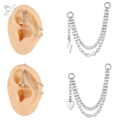 ZS 20G 2Pcs/lot Heart Moon Double Layer Chain Stainless steel Ear Chain Moon Spike Crystal Ear Stud Cartilage Earrings Jewelry