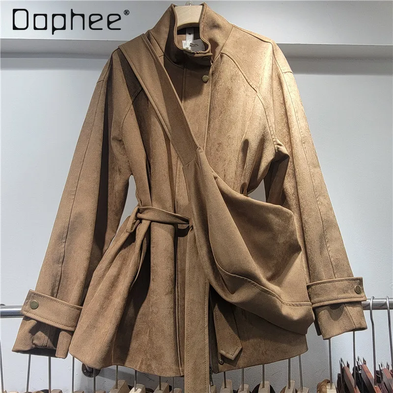 

2025 Autumn New Versatile British Style Design Loose Suede Stand Collar Trench Coat for Women with Bag