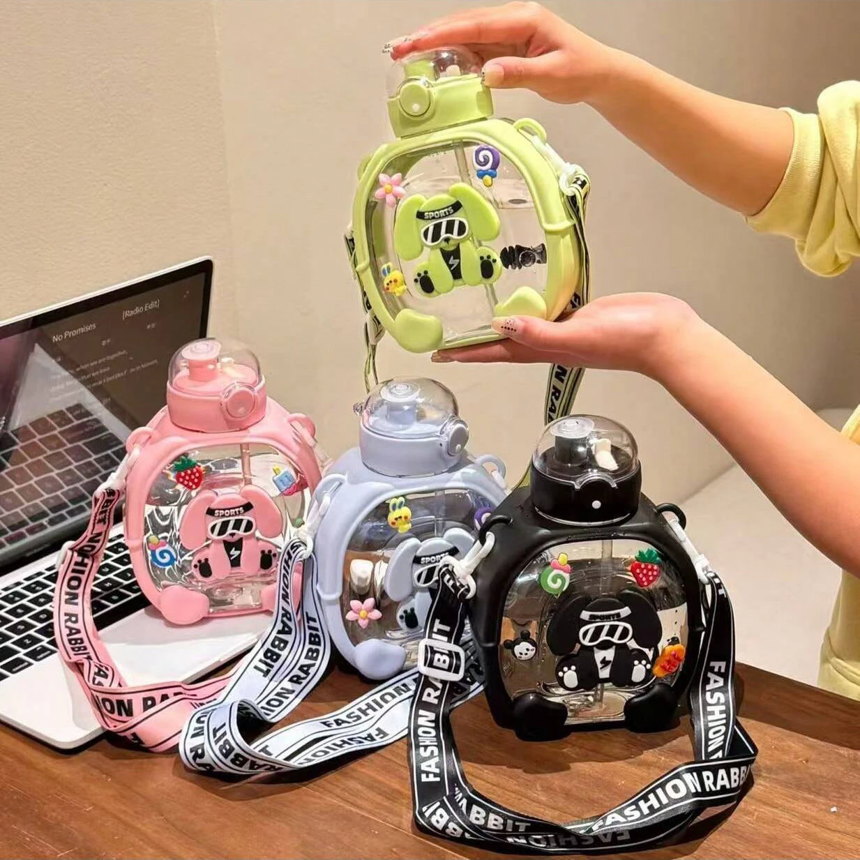 

Large Capacity 1000ml Dog Pattern Water Bottle With Straw Strap Portable Outdoor Dual Drink Design For Sports Hiking