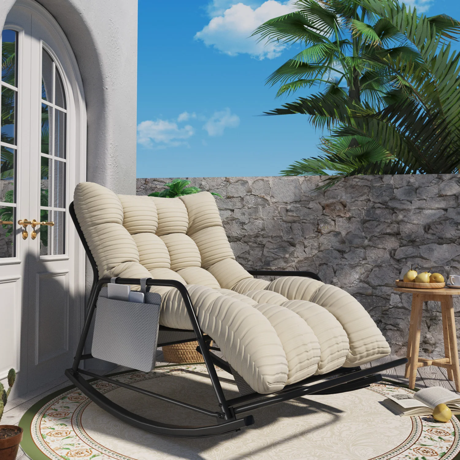Oversized Long Cushion Rocking Chair with Low Armrest and Fixed Crossbar Footrest, Daily Leisure Patio Furniture, Multi-scene Outdoor Furniture, Practical Outdoor Patio Furniture Set