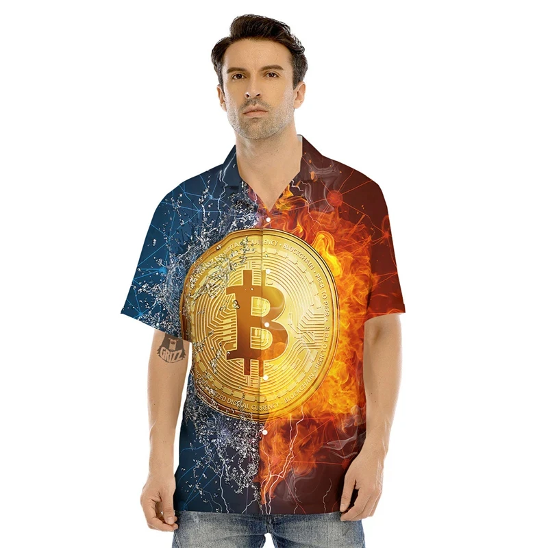 Summer 3d Print Bitcoin Graphic Beach Shirts For Men Short Sleeve Button Up Hawaii Vocation Shirt Mens Casual Blouse Shirts