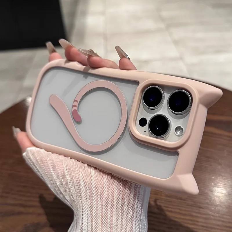 Ins Cute Cat Tail for Magsafe Phone Case For iPhone 17 16 15 14 13 12 Pro  Max Air Plus Cat Ear Transparent Shockproof PC Cover - AliExpress 202192403