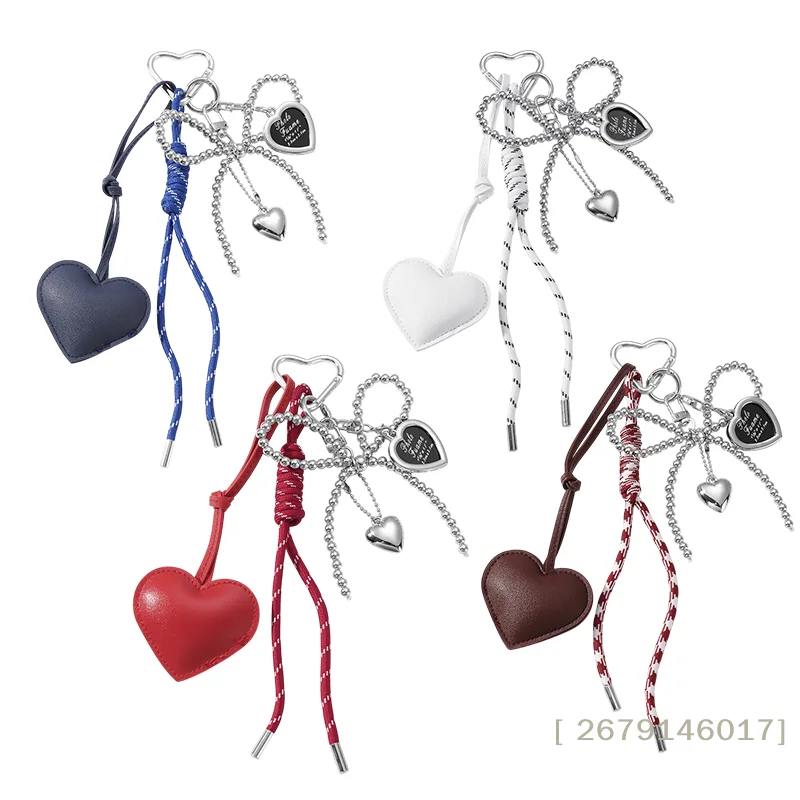 【YY26】Koreanischer trendiger Leder-Schlüsselanhänger mit Herz und Schleife, zarter Perlen-Schlüsselanhänger, Autoschlüsselhalter, Taschenanhänger, Dekoration für Mädchen, Geschenk