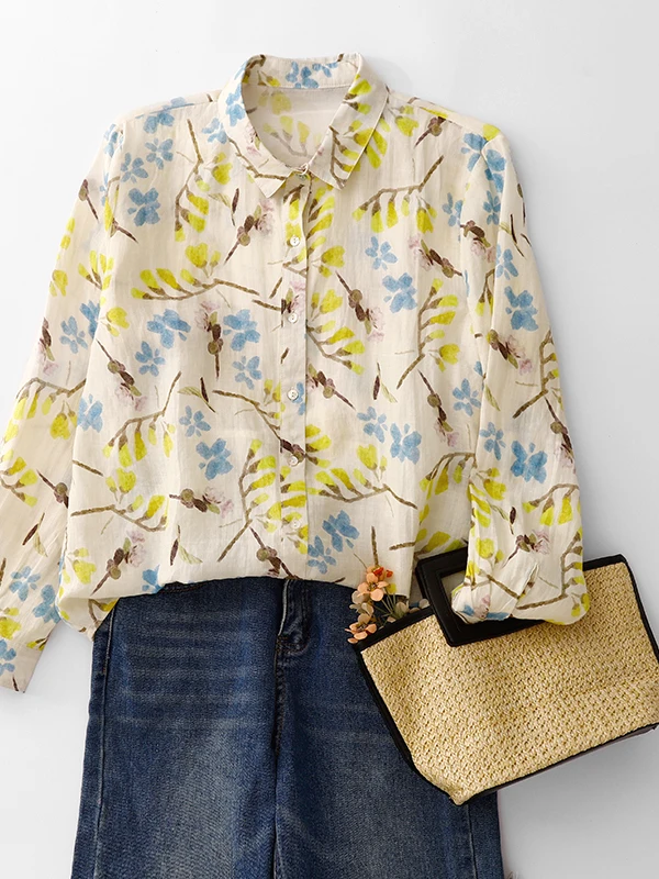 

Spring 2026 New Sle Age-Defng Print Flax irt Large Size Women's Single Button Long Sve Collared Casual Open Cardigan...