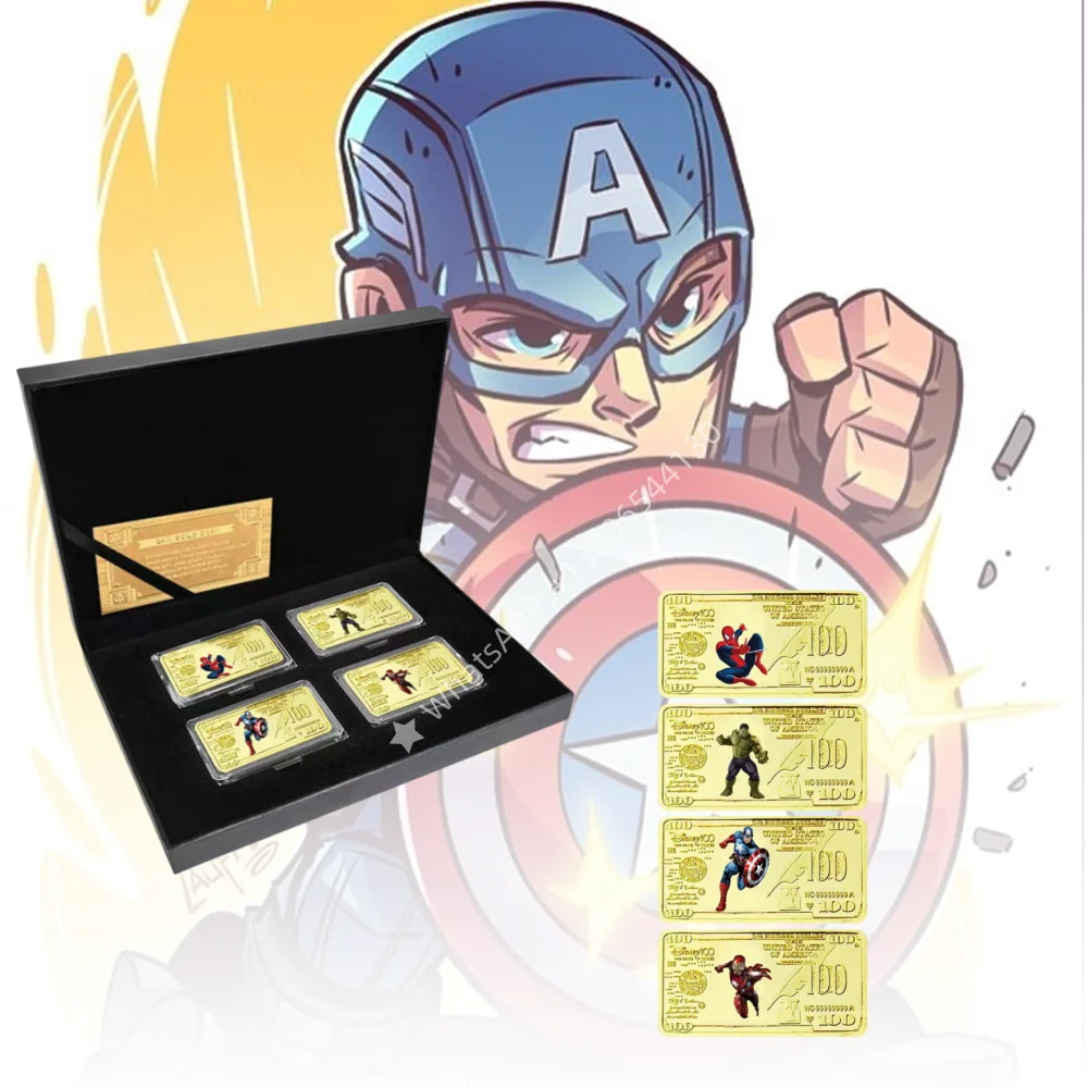 Ensemble de pièces commémoratives plaquées or 24 carats Marvel Avengers avec Iron Man Spider-Man Thor - Médailles de collection haut de gamme pour les fans