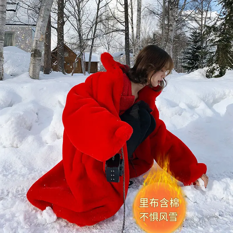 

Women Red Otter Rabbit Fur Mink Coat Mid-length Winter Thickened Coat Loose Furry Faux Fur Warm Comfortable Cold Protection
