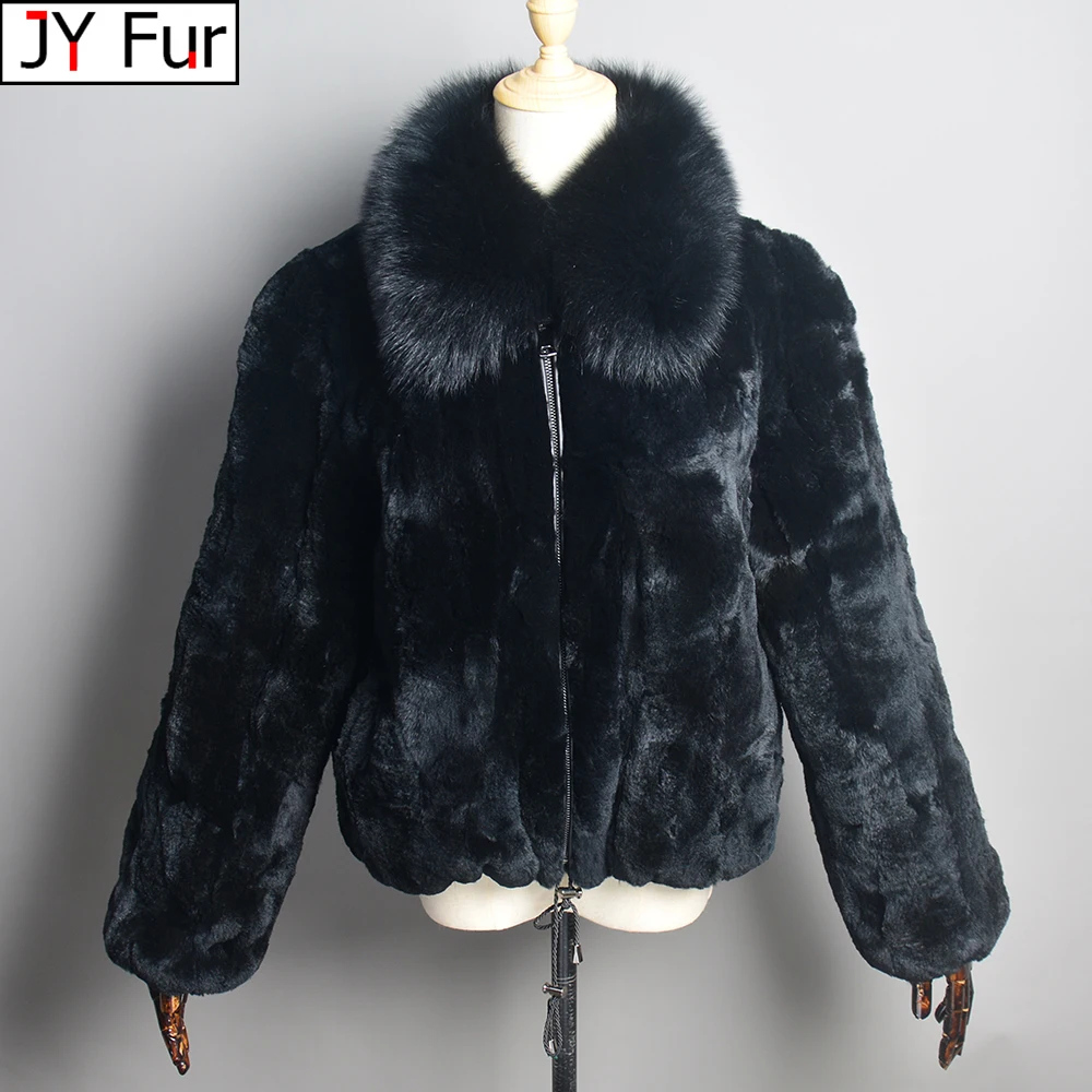 

New Fashion Lady 100% Natural Rex Rabbit Fur Coat Women Winter Thick Warm Real Rex Rabbit Fur Jacket With Quality Fox Fur Collar