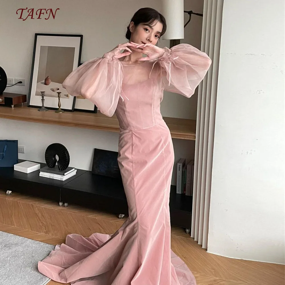 

TAFN Mermaid Pink Photo Shooting Dresses Detachable Sleeves Wedding Reception Dresses Court Train Simple Elegant Bridal Gown