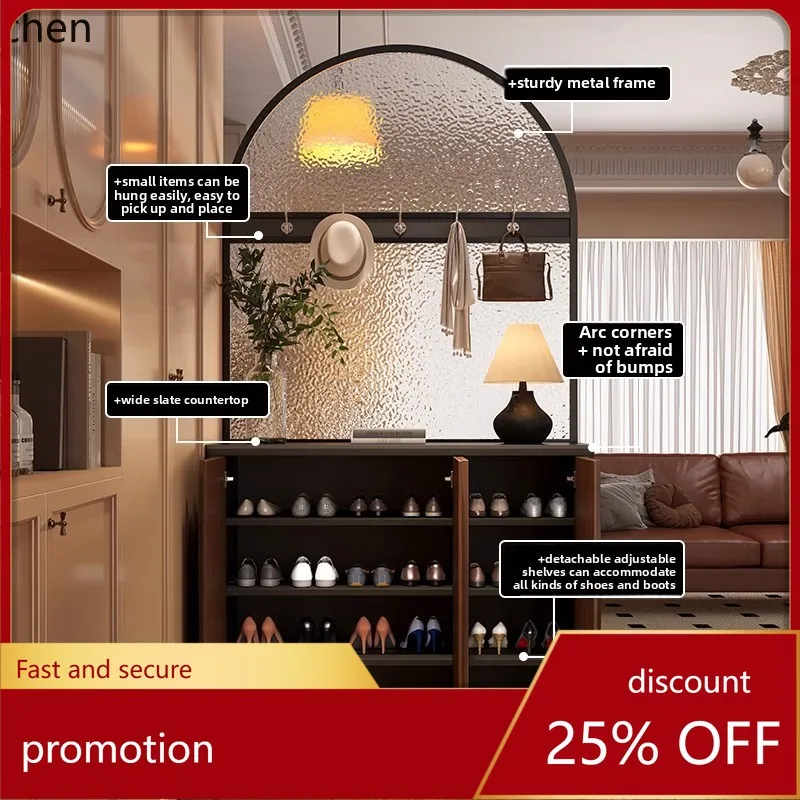 

YFY solid wood porch cabinet shoe cabinet entrance door wrought iron glass living room screen partition cabinet