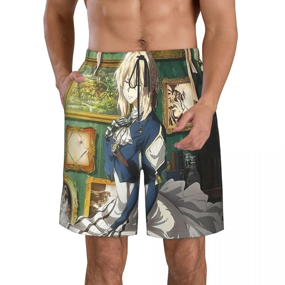 

Violet Evergarden Manga Men's Beach Shorts Fitness Quick-drying Swimsuit Funny Street Fun 3D Shorts