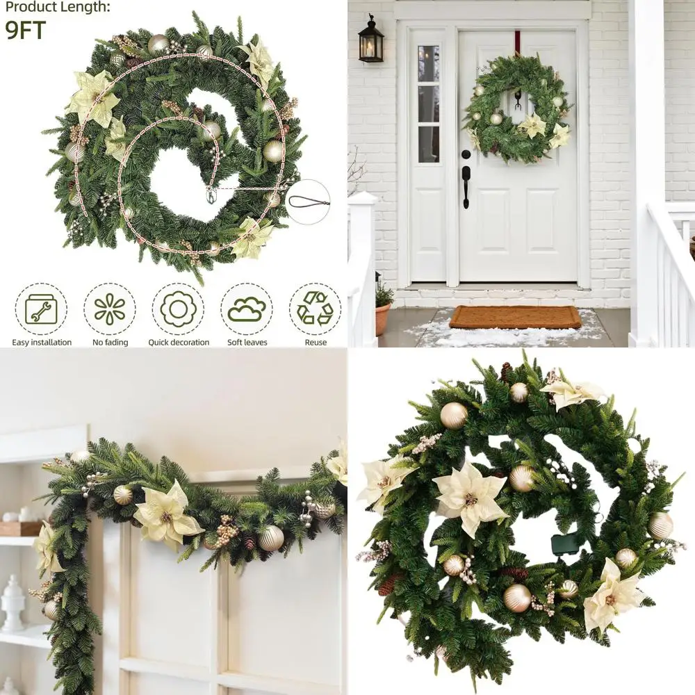 

9-футовая светодиодная рождественская гирлянда с золотыми цветами и ягодами, 50 теплых белых огней для мантии, камина, лестницы, декора крыльца