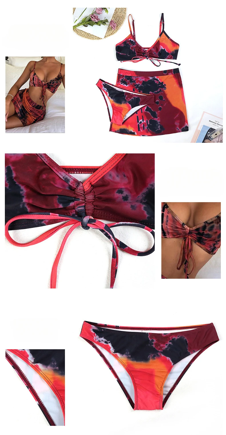 3 Piece Bikini Set Sexy Swimsuit Swimwear Women Drawstring Tie Dye Print Bikinis Set Bathing Suit Beach Skirt Cover Up Biquinis