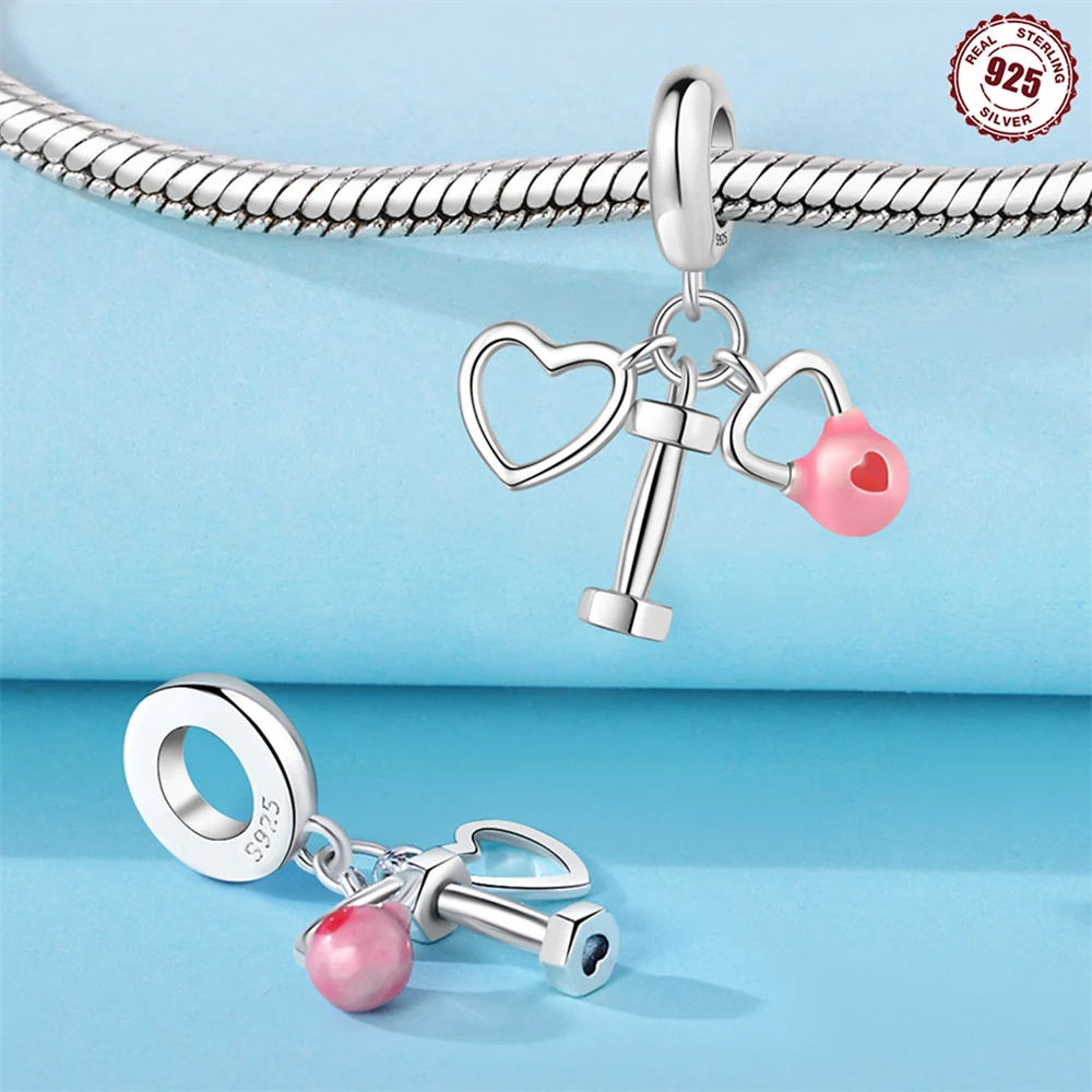 Heart Lock Key Hammer Dangle Charm 925 Sterling Silver Love Lock Bead Symbol of Cherish Love Fit Bracelet DIY Jewelry Gift