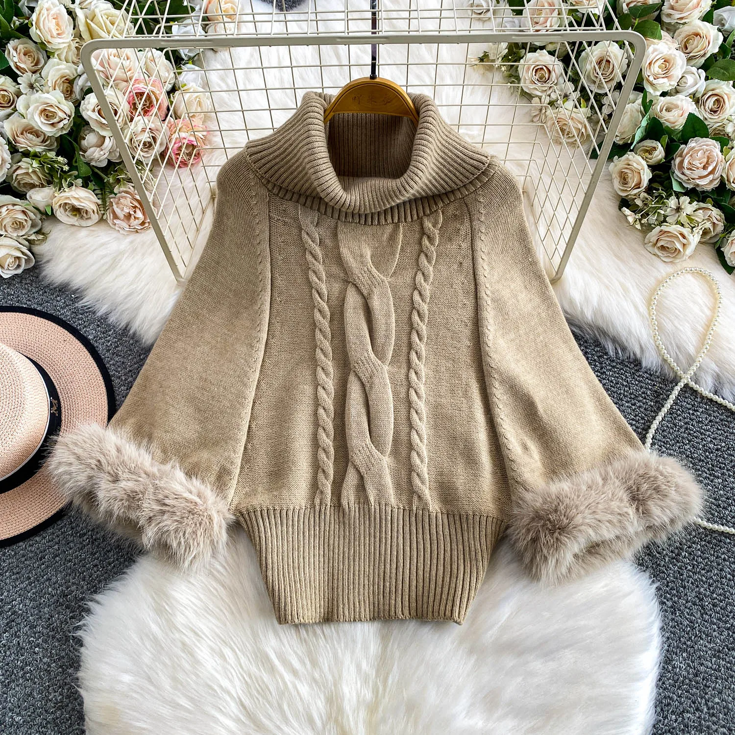 

Женский зимний вязаный свитер с меховыми манжетами, топы, женские модные пуловеры с высоким воротом, женские толстые теплые корейские стильные винтажные уличные одежды