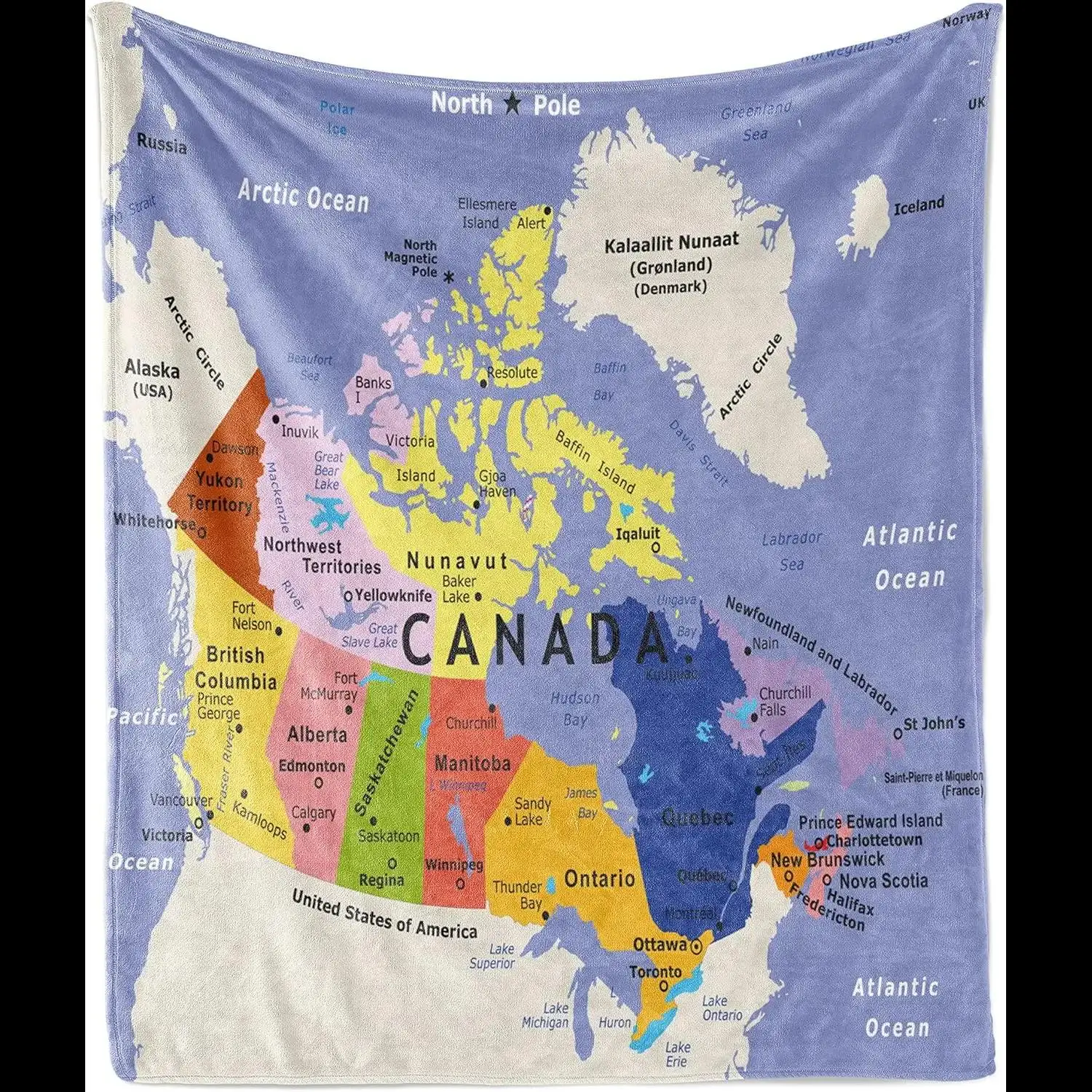 

Канадский мягкий флисовый плед с детализированной картой Атлантического океана, Северного полюса, Тихого океана, США и прилегающих территорий. Уютный и теплый.